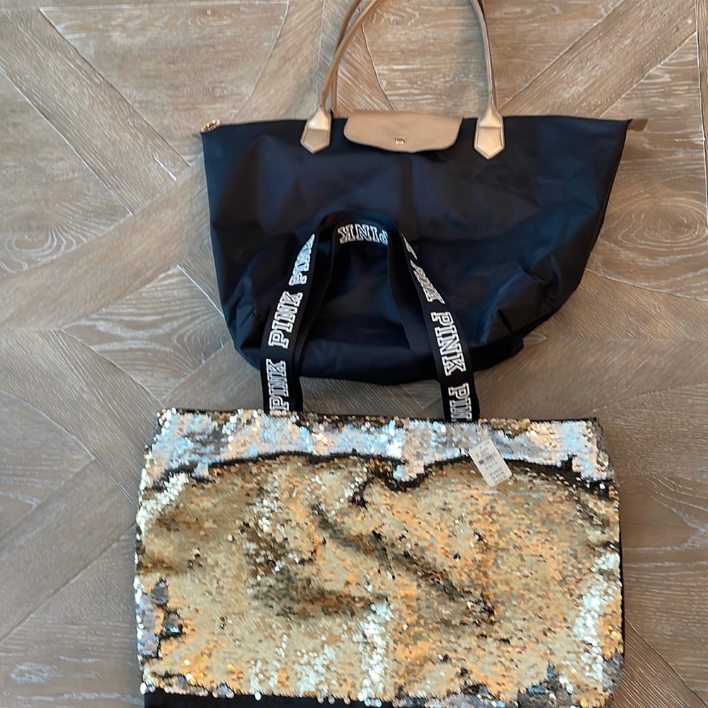 Two large Victoria’s Secret pink toast black gold silver beach bags weekend bag